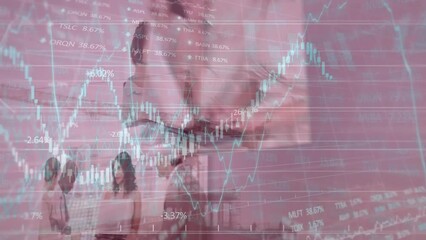 Poster - Animation of graphs, trading board and crane, multiple collage of diverse agents and business people