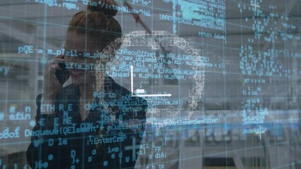 Poster - Animation of financial data processing over caucasian businesswoman using smartphone