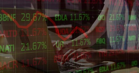 Poster - Animation of financial data processing over businesswoman using laptop