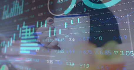 Poster - Animation of financial data processing over woman using smartphone