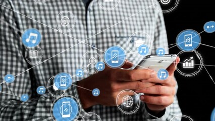 Poster - Animation of network of connections with icons over man using smartphone