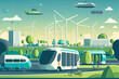 An IoT connected, sustainable contemporary metropolis with electric transportation. Electric scooters, bicycles, Monorail trains, self driving cars, ferries, and scooters. wind turbines' renewable ene