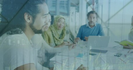 Poster - Animation of financial data processing over diverse business people having meeting at office