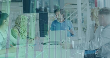 Poster - Animation of financial data processing over diverse business people having meeting at office