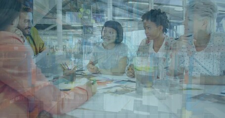 Poster - Animation of financial data processing over diverse business people having meeting at office
