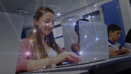 Poster - animation of connected dots over multiracial students typing on keyboard in computer laboratory