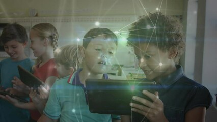 Poster - Animation of connected dots with lines over diverse students using digital tablet in classroom