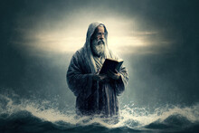 Hazy Image Of A Guy In A Biblical Robe Standing In The Water. Generative AI