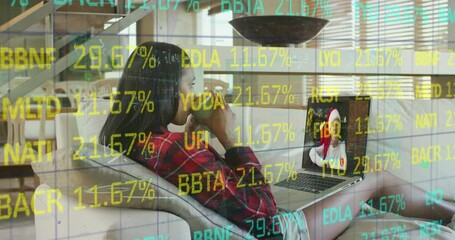 Poster - Animation of financial data processing over african american woman having a video call on laptop