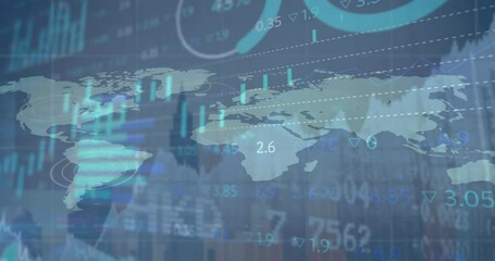 Poster - Animation of stock market data processing over world map against aerial view of cityscape