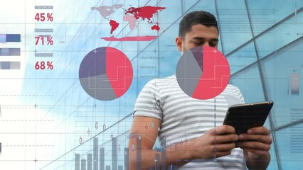 Poster - Animation of infographic interface, low angle view of biracial man using digital tablet in outdoors