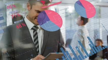 Poster - Animation of infographic interface over caucasian businessman using digital tablet in office
