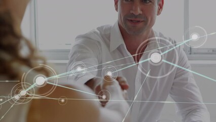 Poster - Animation of network of connections over diverse business people shaking hands at office