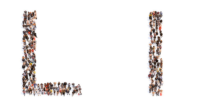 Concept or conceptual large community of people forming the font L. 3d illustration metaphor for unity and diversity, humanitarian, teamwork, cooperation, education, friendship and community