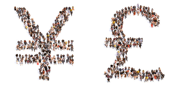 Concept or conceptual large community of people forming the ¥ and £  fonts. 3d illustration metaphor for unity and diversity, humanitarian, teamwork, cooperation, education, friendship and community