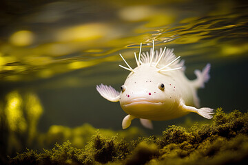 Sticker - Close up of an axolotl swimming in a river. Generative AI