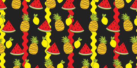 Poster - Watermelon, pineapple and lemon. Vector fruit pattern. For print and seamless surfaces.