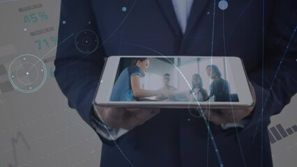 Poster - Network of profile icons over mid section of businessman using computer