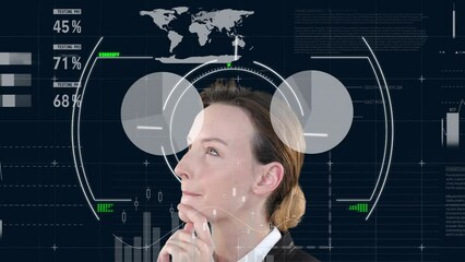 Poster - This clip features a businesswoman standing in front of a green screen, with white statistics moving