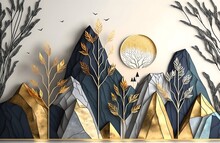 3d Modern Art Mural Wallpaper With Drawing Modern Landscape Art 3d Mural Wallpaper. Leaves Tree, Golden Lines, Golden Sun And Mountain, Colorful Marble Background, Suitable For Use As A Frame On Wall