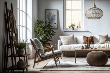 Design armchair, coffee table, wooden ladder, macrame, ceramic lamps, carpet, and attractive accessories complete the minimalist composition of this modern living room. Generative AI