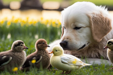 Wall Mural - pets gathered in a group outside in the summer. dog, puppies, and ducklings. Generative AI