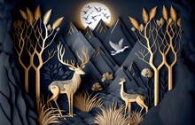 3d Modern Art Mural Wallpaper With Dark Blue Jungle, Forest Background Golden Deer, Black Christmas Tree, Moon With White Birds. Suitable For Use As A Frame On Walls, Suitable For Use 