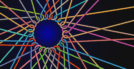 Fototapete - United Business and team Unity or corporate connection partnership as ropes shaped as a circle in a group of diverse strings connected together