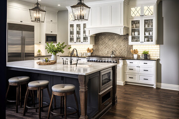 beautiful kitchen with a big island, hardwood floors, and pendant lighting in a brand new luxury hom