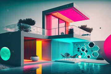 Poster - Modern seaside villa's interior has abstract architectural concrete design and colorful neon lights. Generative AI