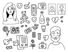 Conflict And Divorce. Collection Doodles Dissolution Of Marriage, End Of Relationship. Unhappy Woman And Sad Man, Torn Wedding Photo, Broken Heart, Alcohol And Pills. Vector Isolated Outline Drawings.
