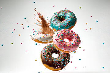 Canvas Print - Sprinkle topped donuts floating over a white backdrop. Generative AI