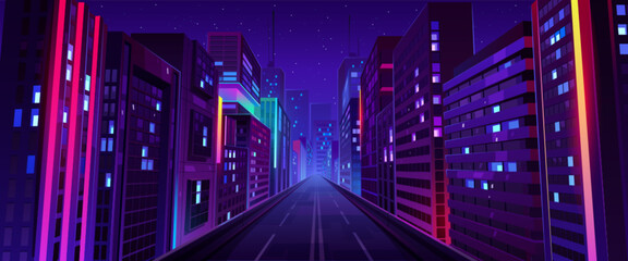 City street with houses and buildings with glowing windows at night. Cityscape with empty road, houses and skyscrapers with neon color ligth, blue star sky, vector cartoon illustration