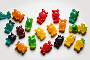 Poster - sweet jelly bears in a rainbow of colors on a white backdrop. Beans, jelly. Generative AI