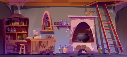 Abandoned potions shop interior with dust and cobweb on furniture. Cartoon vector illustration of empty dark room with couldron in old stone oven, wooden desk with books, bottles with expired elixirs