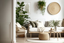 Scandinavian Style, Chic Modern Timber Living Room With A White Background And Rattan Furnishings,. Generative AI
