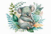 Electronic Watercolor Koala Napping In A Lovely Cartoon Style, Isolated On A White Background. Little Adorable Creatures In Watercolor. Generative AI