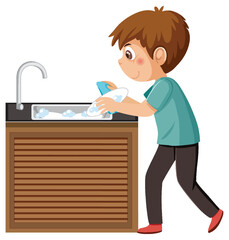 Canvas Print - A boy washing dishes at sink