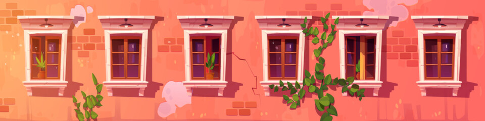 Wall Mural - Old apartment house facade with flower pots in classic window frames, cracks and damages on red brick wall, vintage outdoor lamps. Urban architecture. Neighborhood concept. Cartoon vector illustration