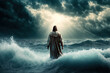 Jesus Christ walking on the sea while in a dramatic setting. Generative AI