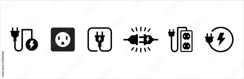 Electric power source socket icon set. Electricity wire cord sign ...