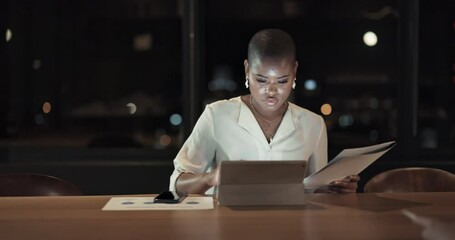 Poster - Black woman, tablet and night in office for research, planning and late with documents, web and focus. Corporate woman, mobile tech and paper for agreement, contract and report at insurance agency