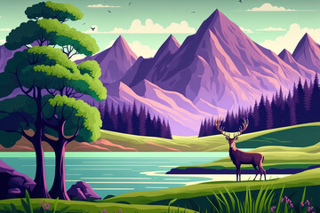 Stunning green landscape with purple mountains, a river, and deer. Generative AI