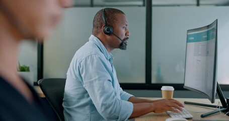 Poster - Business, black man and call center for customer service, telemarketing and typing in office. Agent, consultant and African American male with computer, digital marketing, help and online support.