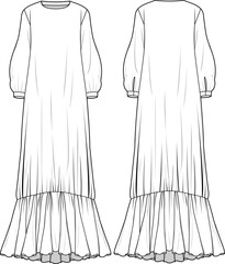 Wall Mural - Women Abaya, Maxi Bishop Sleeve Dress with Frill Hem dress  Front and Back View. Fashion Illustration, Vector, CAD, Technical Drawing, Flat Drawing, Template, Mockup.