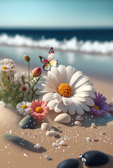 Aufkleber - Coastline sea, chamomile flowers on background of surf, flying butterflies. Landscape sea sand and flowers. illustration