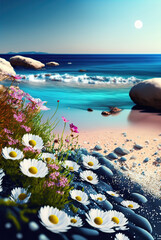 Fototapete - Coastline sea, chamomile flowers on background of surf, flying butterflies. Landscape sea sand and flowers. illustration