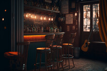 A Dimly Lit Bar With Stools And A Guitar, Generative AI
