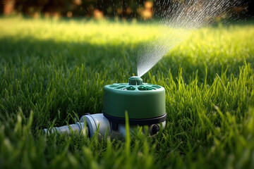 Poster - A lawn sprinkler waters green grass automatically. automated sprinkler system Lawn watered with a garden irrigation system. service for maintaining sprinkler systems. Sprinkler irrigation for domestic