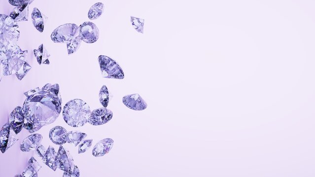 Shiny Diamonds on black-purple surface background. Concept 3D CG of luxury living, expensive things and high added value.